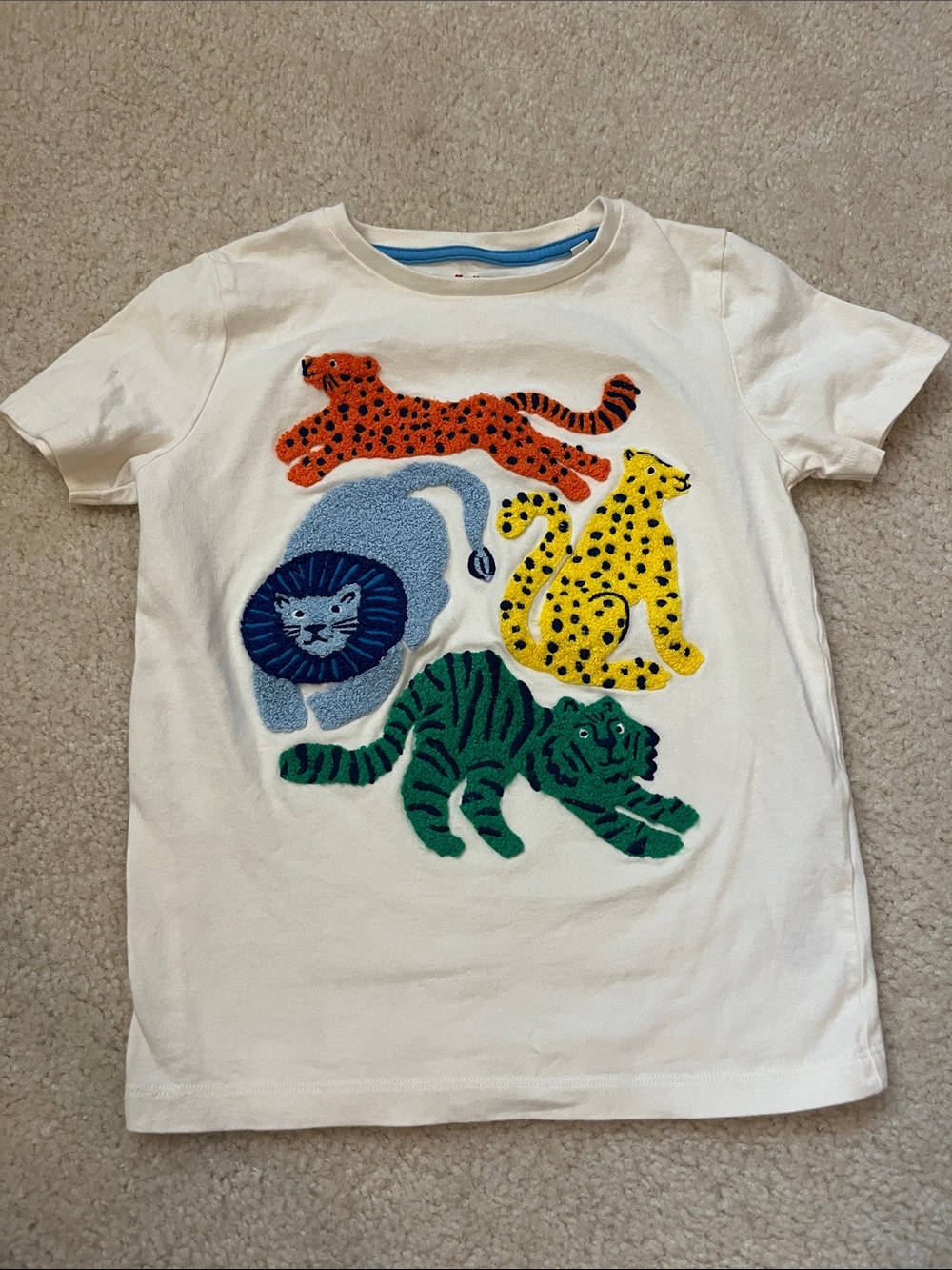 Mini Boden- White Short Sleeve Kids Tee with Colorful Embroidered Jungle Animals